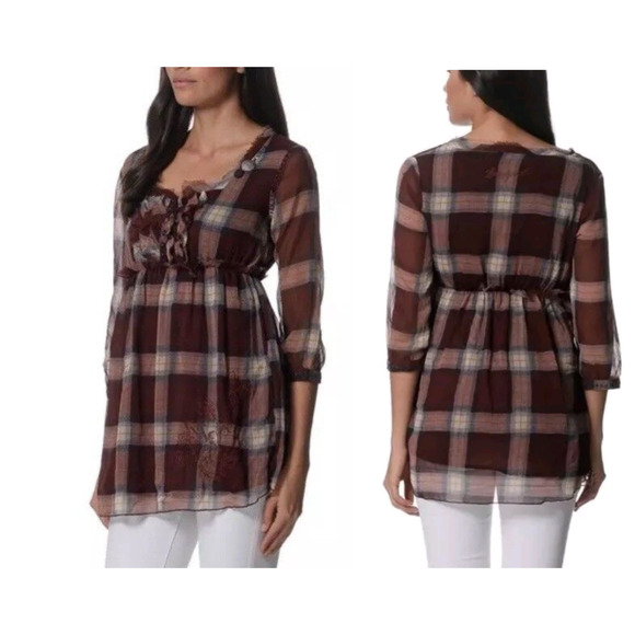 Desigual Tops - Desigual Empire-Waist Burgundy Plaid Embroidered Fringe Peasant Top Tunic -Sz L